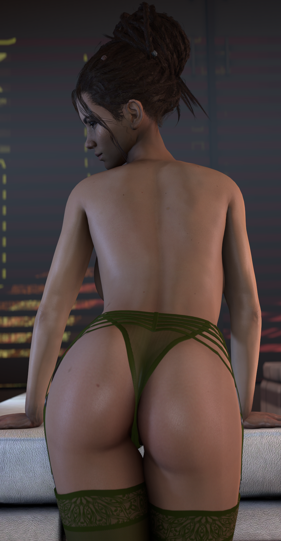 ass ass cyberpunk_2077 from_behind looking_back panam_palmer pose posing posing_for_the_viewer sfm skeletron27 solo solo_female source_filmmaker