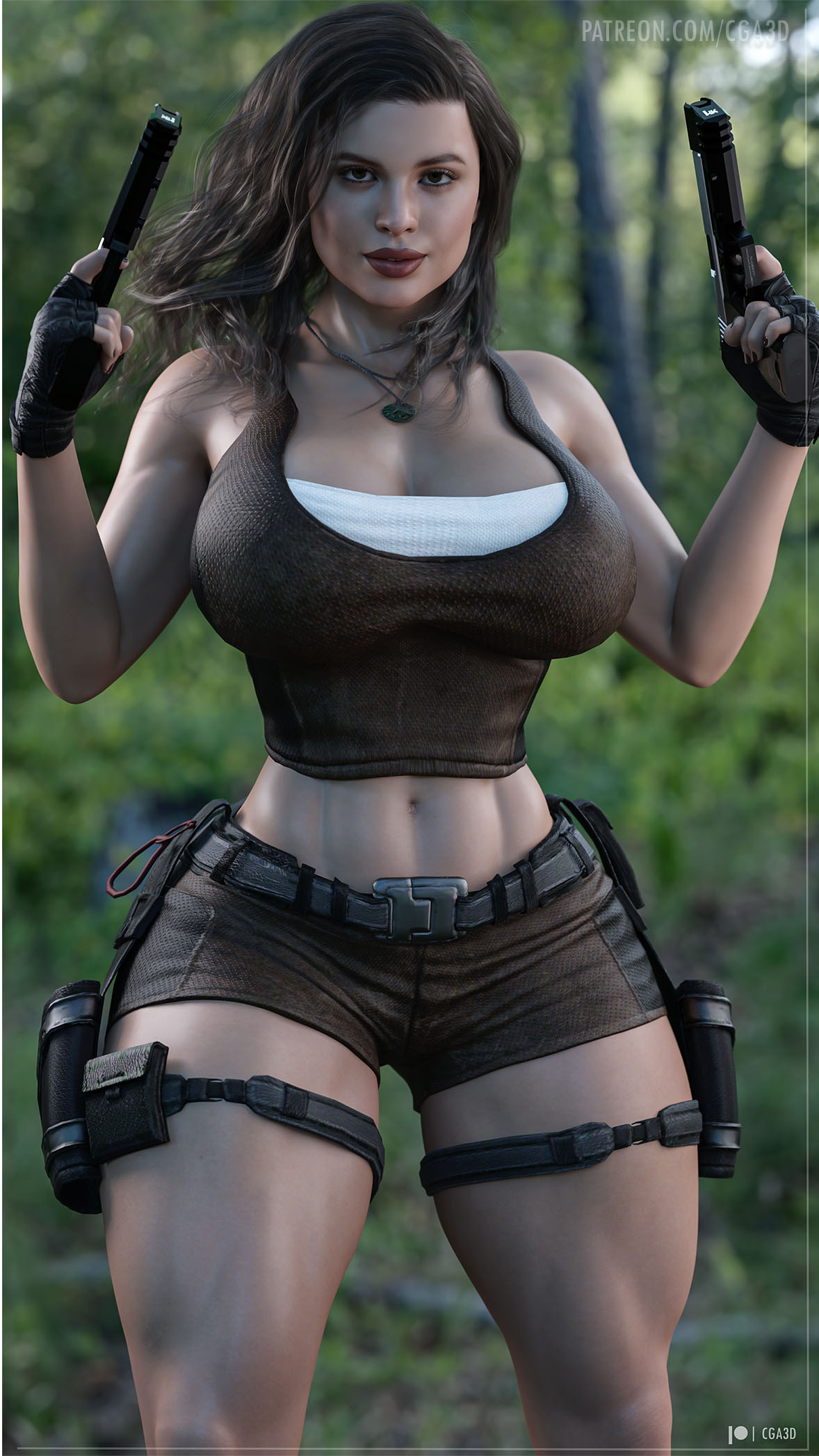 1girls 3d abs absurd_res ass big_ass big_breasts breasts brown_eyes brown_hair captain_america_(series) captain_carter cga3d curvaceous curvy curvy_body curvy_female curvy_figure dual_wielding erotichris female female_only firearm fit fit_female gun hayley_atwell hi_res lara_croft_(cosplay) light-skinned_female light_skin marvel marvel_cinematic_universe marvel_comics midriff muscular muscular_female muscular_thighs peggy_carter pistol shield short_shorts shorts solo thick_thighs tomb_raider union_jack voluptuous voluptuous_female what_if...? wide_hips