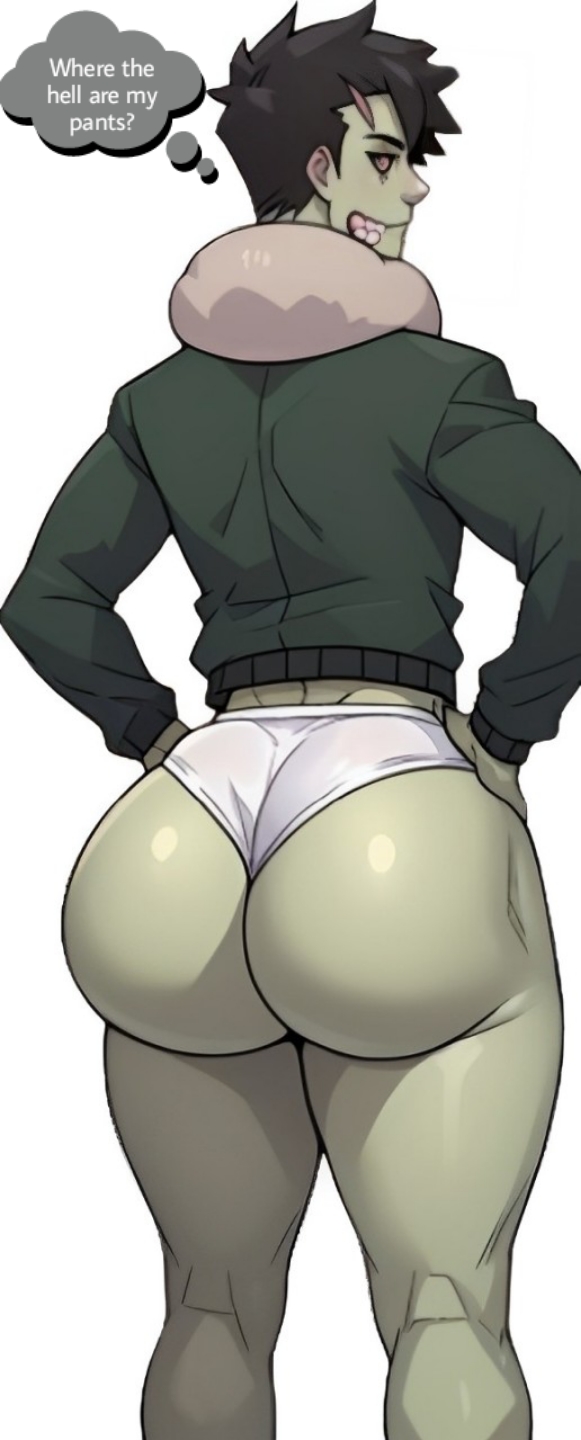 1boy 1male ai_generated ass ass_focus big_ass big_ass_(male) big_butt black_hair black_sclera brian_yu edit femboy femboy_focus femboy_only fur_trim green_jacket huge_ass huge_butt lost_clothes male male_focus male_only monster monster_boy monster_prom no_pants pantsless short_hair thought_bubble tight_underwear underwear white_background white_underwear zombie