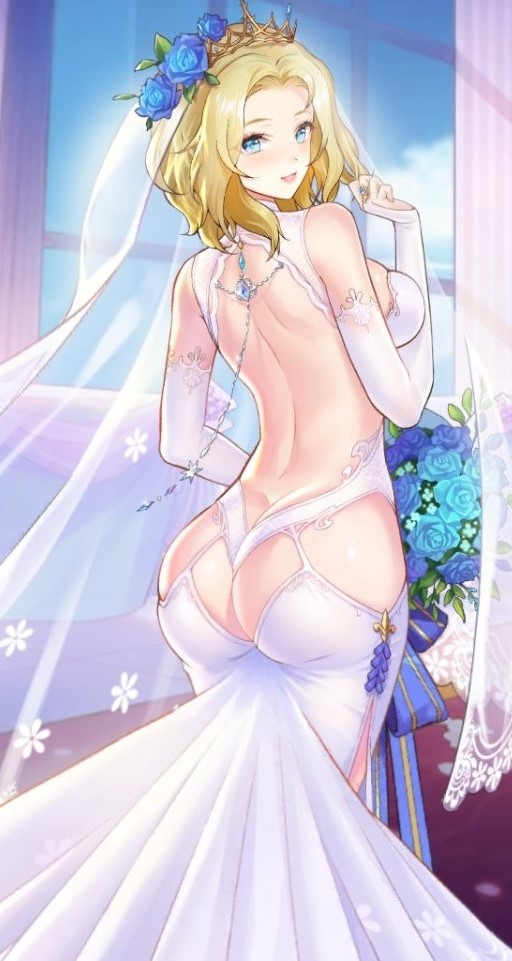 blonde_hair blue_eyes bride bubble_butt huge_ass looking_back thin_waist