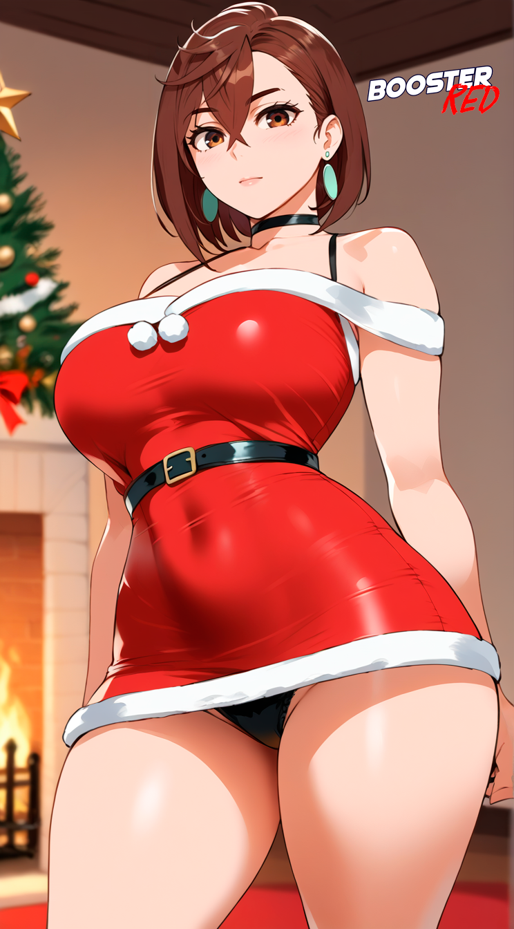 ai_generated ayase_momo boosterred99 brown_eyes brown_hair christmas christmas_clothing christmas_outfit dandadan earrings large_breasts navel pony_diffusion_xl short_hair thighs