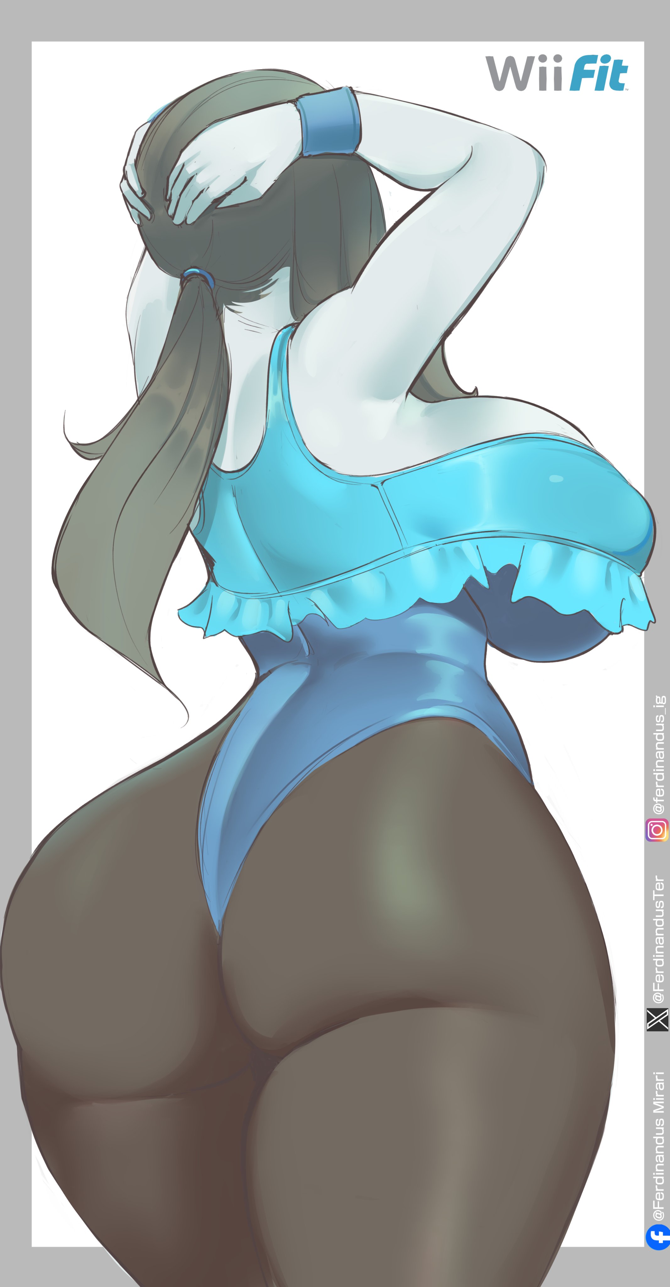 absurdres, alternate breast size (larger), alternate costume, arms behind head, ass, black hair, black pantyhose, blue one-piece swimsuit, border, breasts, casual one-piece swimsuit, colored skin, commentary, cowboy shot, curvy, english commentary, facing away, female, ferdinandus, ferdinandusdart, frilled one-piece swimsuit, frills, from behind, grey border, highres, huge ass, huge breasts, long hair, low ponytail, one-piece swimsuit, outside border, pantyhose, ponytail, solo, swimsuit, thick thighs, thighs, white background, white skin, wide hips, wii fit, wii fit trainer, wii fit trainer (female)