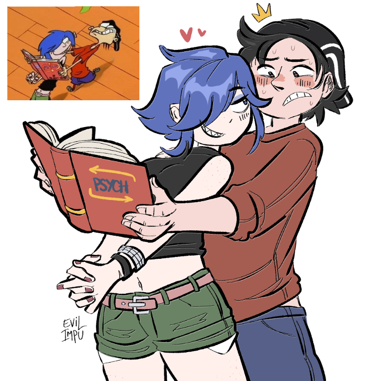 beanie blue_hair book cartoon_network ed_edd_n_eddy edd evilimpu kanker_sisters light-skinned_male marie_kanker pale-skinned_female sfw short_shorts straight