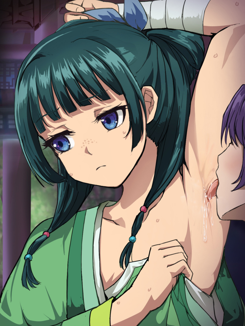 1boy, arm up, bandaged arm, bandages, blue eyes, blunt bangs, blush, chinese clothes, closed mouth, commentary request, faceless, faceless male, female, freckles, green hair, green hanfu, hair bun, hanfu, highres, jinsai sa sa, jinshi (kusuriya no hitorigoto), kusuriya no hitorigoto, licking, licking armpit, long hair, long sleeves, maomao (kusuriya no hitorigoto), purple hair, solo focus, straight