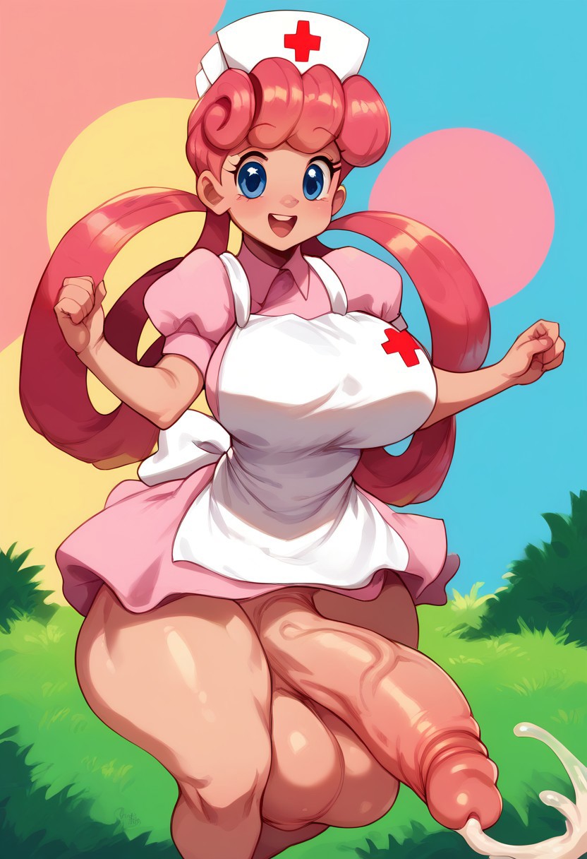 ai_generated big_balls big_breasts big_penis cum cum_drip futanari gvukub huge_breasts huge_cock nintendo nurse_joy pokemon