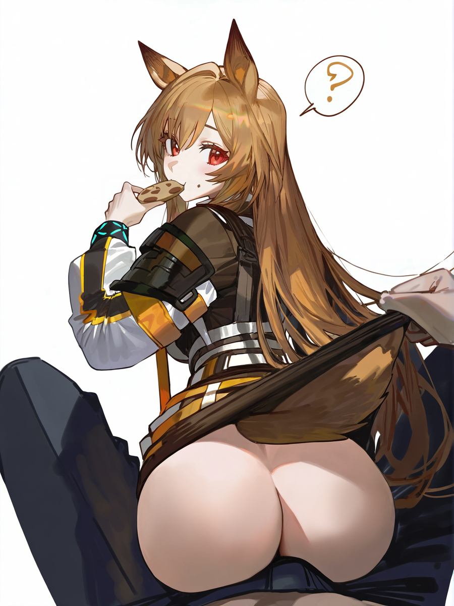 ? ai_generated arknights ass ass_press bottomless bracelet ceobe_(arknights) cookie dirty_blonde_hair dog_ears dog_tail eating eating_food long_hair looking_back pants red_eyes tagme thin_waist