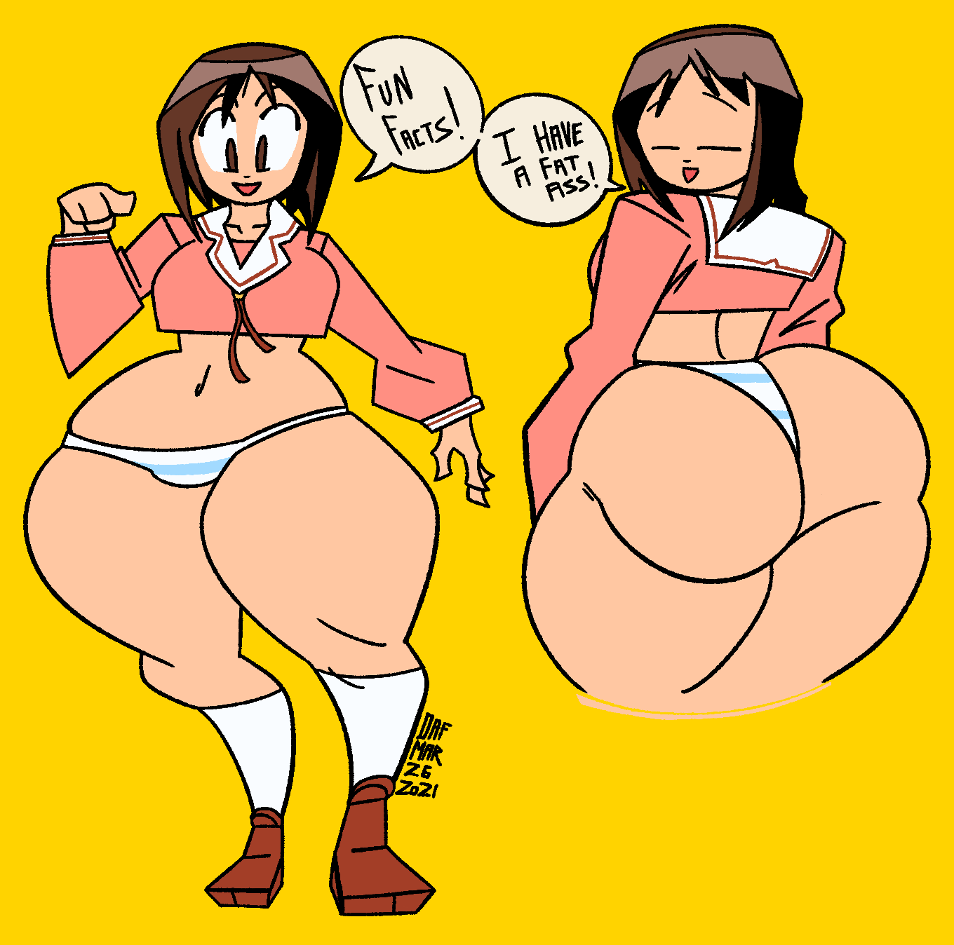 2021 action-coaster_(artist) artist_request ass azumanga_daiou big_ass brown_hair fat_ass female hi_res japanese_school_uniform looking_at_viewer no_skirt orange_background osaka_ayumu_kasuga panties rear_view school_uniform shimapan skirt_removed teapot_(body_type) underwear voluptuous