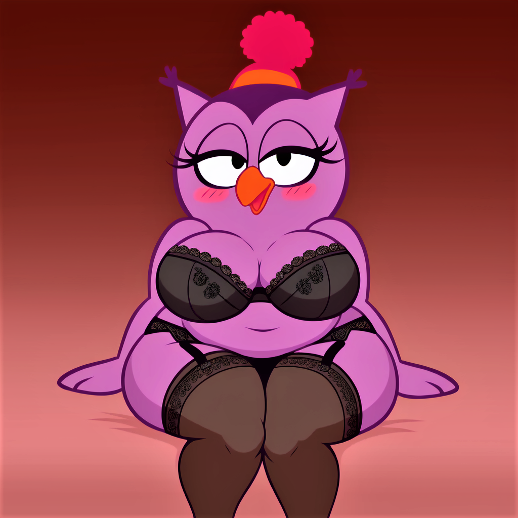 1girls 2024 ai_generated anthro avian balbesina beak belly belly_button big_breasts bird black_bra black_clothing black_stockings black_underwear blush bra breasts chubby chubby_female clothed clothing curvy digital_media_(artwork) eye_contact eyelashes female female_focus female_only furry garter_straps gilf half-closed_eyes hat kikoriki legwear lingerie looking_at_viewer mature_female navel olga_(kikoriki) overweight overweight_female owl partially_clothed plump purple_body purple_skin riki_group seductive sitting smeshariki solo solo_female solo_focus sovunya stable_diffusion stockings thick_thighs voluptuous wide_hips