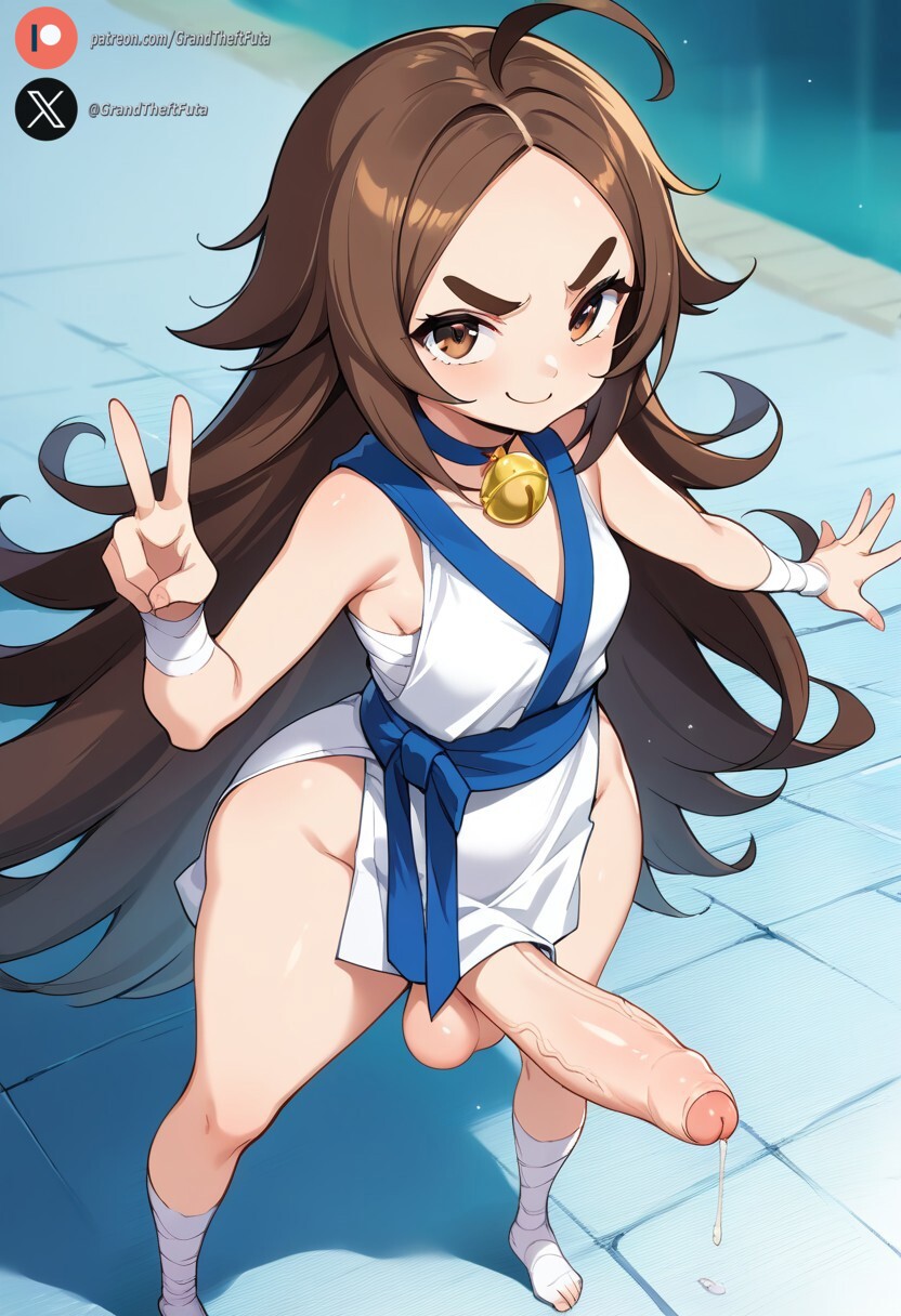 1futa ai_generated balls big_penis blush brown_eyes brown_hair chang_koehan clothing cock dickgirl erection foreskin futa_only futanari high-angle_view huge_cock king_of_fighters king_of_fighters_all_stars lady_chang light-skinned_futanari light_skin long_hair looking_at_viewer netmarble outdoors penis precum roxygtf small_breasts smug snk solo standing