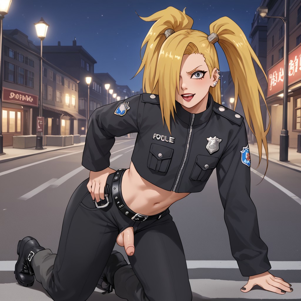 1boy ai_generated balls belly blonde_hair blue_eyes blush deidara femboy male nails_painted naruto naruto_(series) naruto_shippuden nipples police police_uniform sissy small_penis smaller_male street text tongue_out twintails yaoi