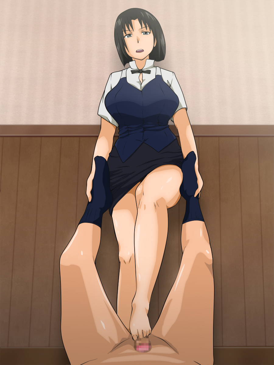 barefoot black_hair breasts censored feet female footjob foreshortening highres human large_breasts male shirafuji_kyouko short_hair skirt straight vermilion working!!