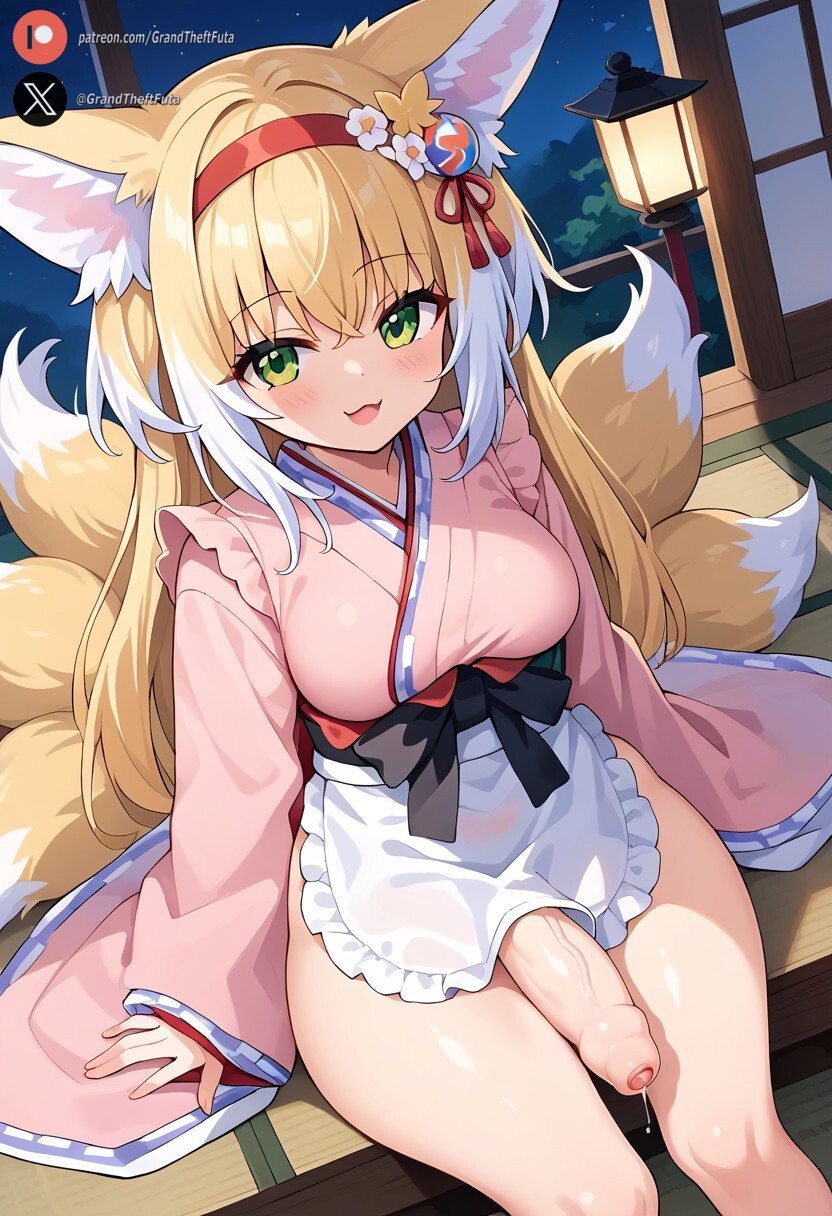 1futa ai_generated arknights balls big_penis blonde_hair blush clothing cock dickgirl flaccid foreskin futa_only futanari green_eyes high-angle_view huge_cock indoors light-skinned_futanari light_skin long_hair looking_at_viewer medium_breasts penis precum roxygtf sitting smug solo suzuran_(arknights)