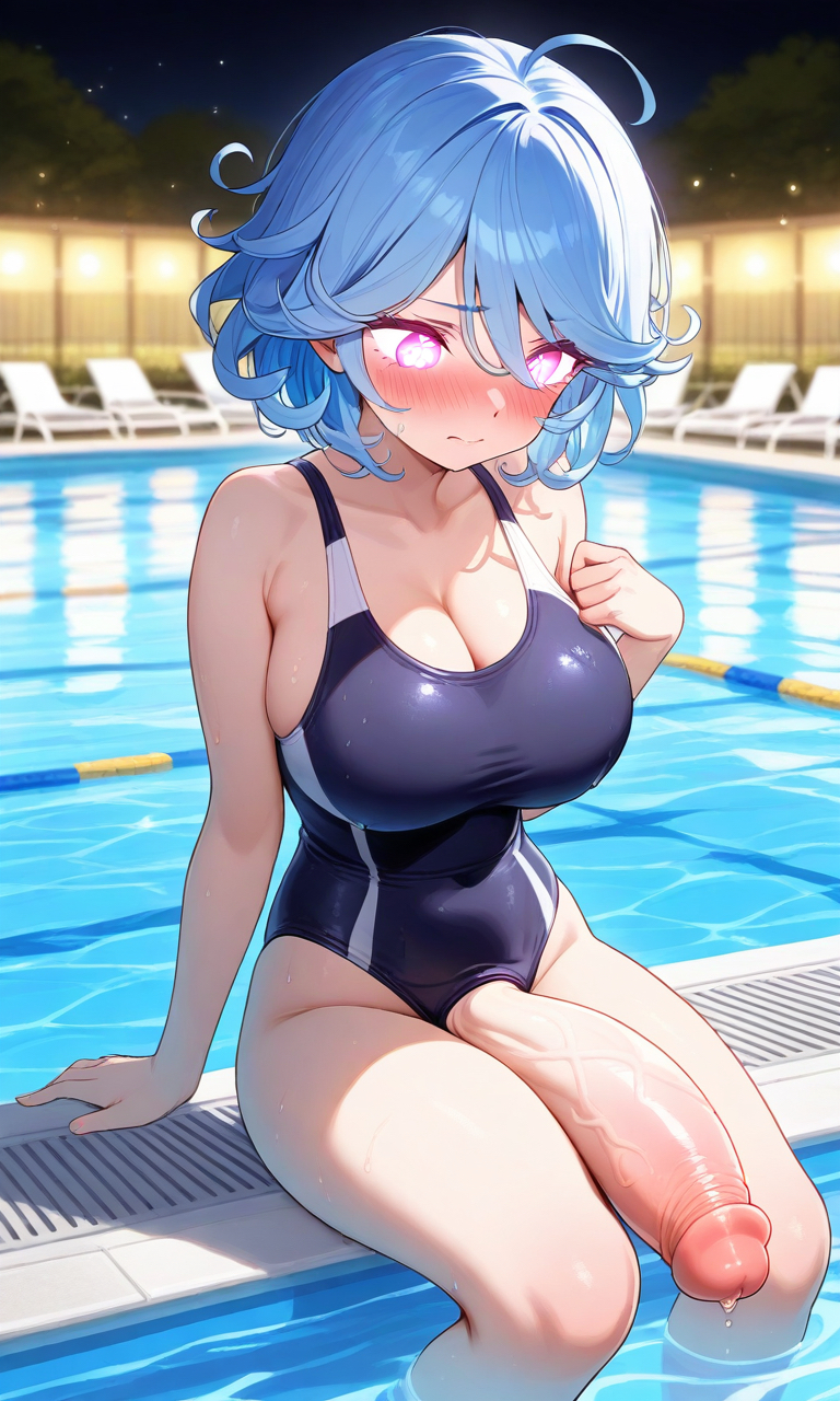 1futa ai_generated big_breasts blue_hair flaccid futanari huge_cock pool swimsuit zynai