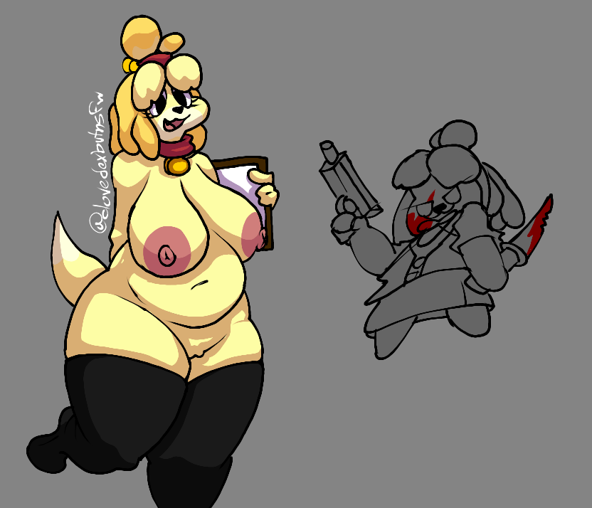 animal_crossing big_breasts big_thighs breasts choker chubby clovedex_(artist) completely_nude completely_nude_female dog_collar dog_girl dumb_face funny furry furry_only isabelle_(animal_crossing) knife pistol pussy secretary