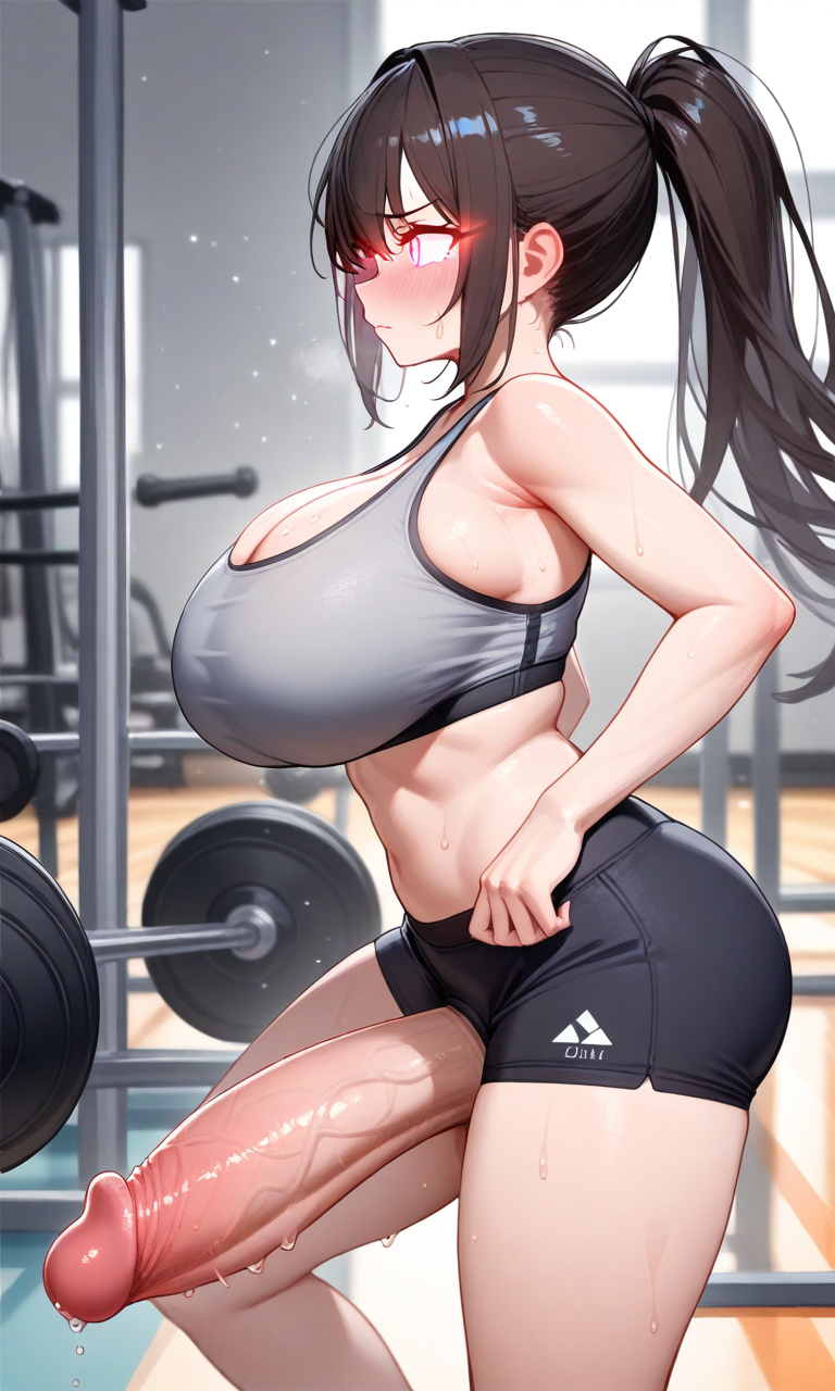 1futa ai_generated big_ass blush fit_female futanari gym huge_breasts huge_cock ponytail side_view sports_bra sweat thick_thighs zynai