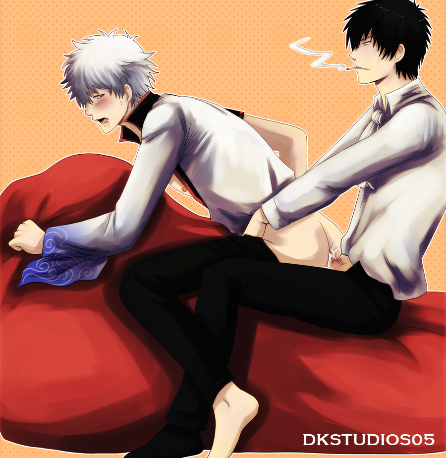 2boys anal anal_sex anus ass barefoot black_hair black_pants blue_eyes blush cigarette couch cum cum_in_ass cum_inside dk_studios doggy_style ejaculation footwear gay gintama gintoki_sakata hijikata_toshiro male male_only multiple_boys nipples open_clothes open_mouth open_shirt pants_down penis polka_dot polka_dot_background red_eyes samurai sex smoking socks sofa sweat testicles text uncensored white_hair yaoi