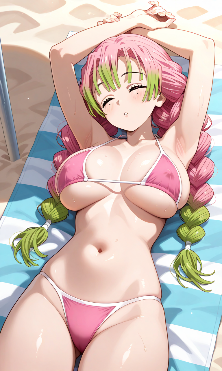 1girls ai_generated armpits arms_up beach big_breasts bikini braided_hair breasts_bigger_than_head closed_eyes curvaceous curvy_female curvy_figure demon_slayer female_focus female_only half-dressed highres hourglass_figure kanroji_mitsuri kimetsu_no_yaiba large_breasts mole_under_eye nipples_visible_through_clothing no_penetration pink_and_green_hair relaxing sand shiny_skin solo solo_focus sweetsavour two_tone_hair