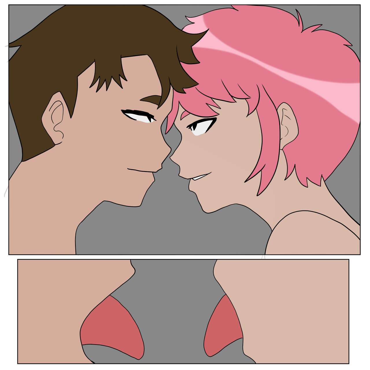 aelita_schaeffer black_eyes brown_hair brown_hair_male code_lyoko comic comic_page female imminent_kiss inuyuru looking_at_another looking_at_partner male male/female not_ai_generated pink_hair pink_hair_female smile smiling smiling_at_partner straight tongue tongue_out ulrich_stern