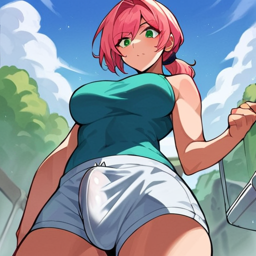 ai_generated blue_sky breasts bulge cloud cloudy_sky day erection erection_under_clothes from_below futa green_eyes hair_intakes large_breasts outdoors pink_hair sky solo thighs underwear