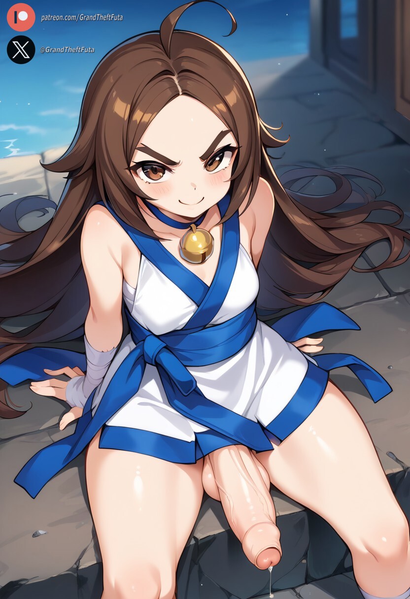 1futa ai_generated balls big_penis blush brown_eyes brown_hair chang_koehan clothed cock dickgirl erection foreskin futa_only futanari high-angle_view huge_cock king_of_fighters king_of_fighters_all_stars lady_chang light-skinned_futanari light_skin long_hair looking_at_viewer netmarble outdoors penis precum roxygtf sitting small_breasts smug snk solo