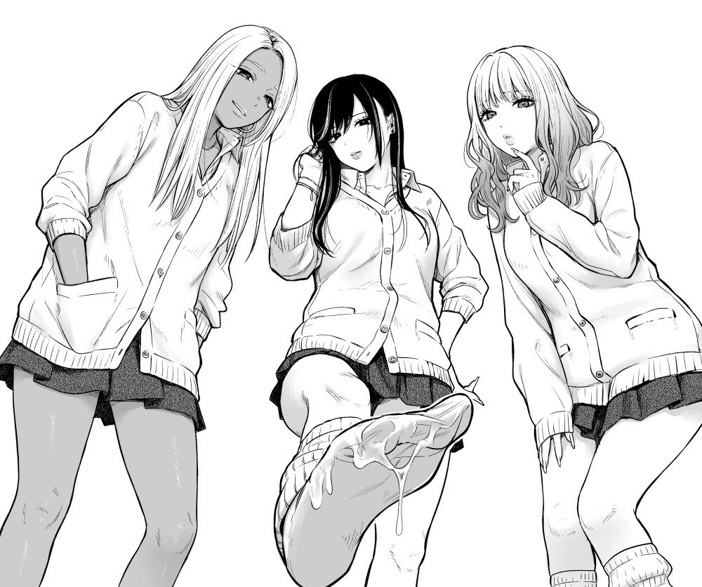 3girls black_hair commission cum cum_on_body cum_on_feet dark-skinned_female dark_skin earrings finger_to_mouth fingernails gyaru jewelry kontetsu18 long_fingernails long_hair long_sleeves looking_down loose_socks miniskirt monochrome multiple_girls parted_lips school_uniform skeb_commission skirt smile socks standing