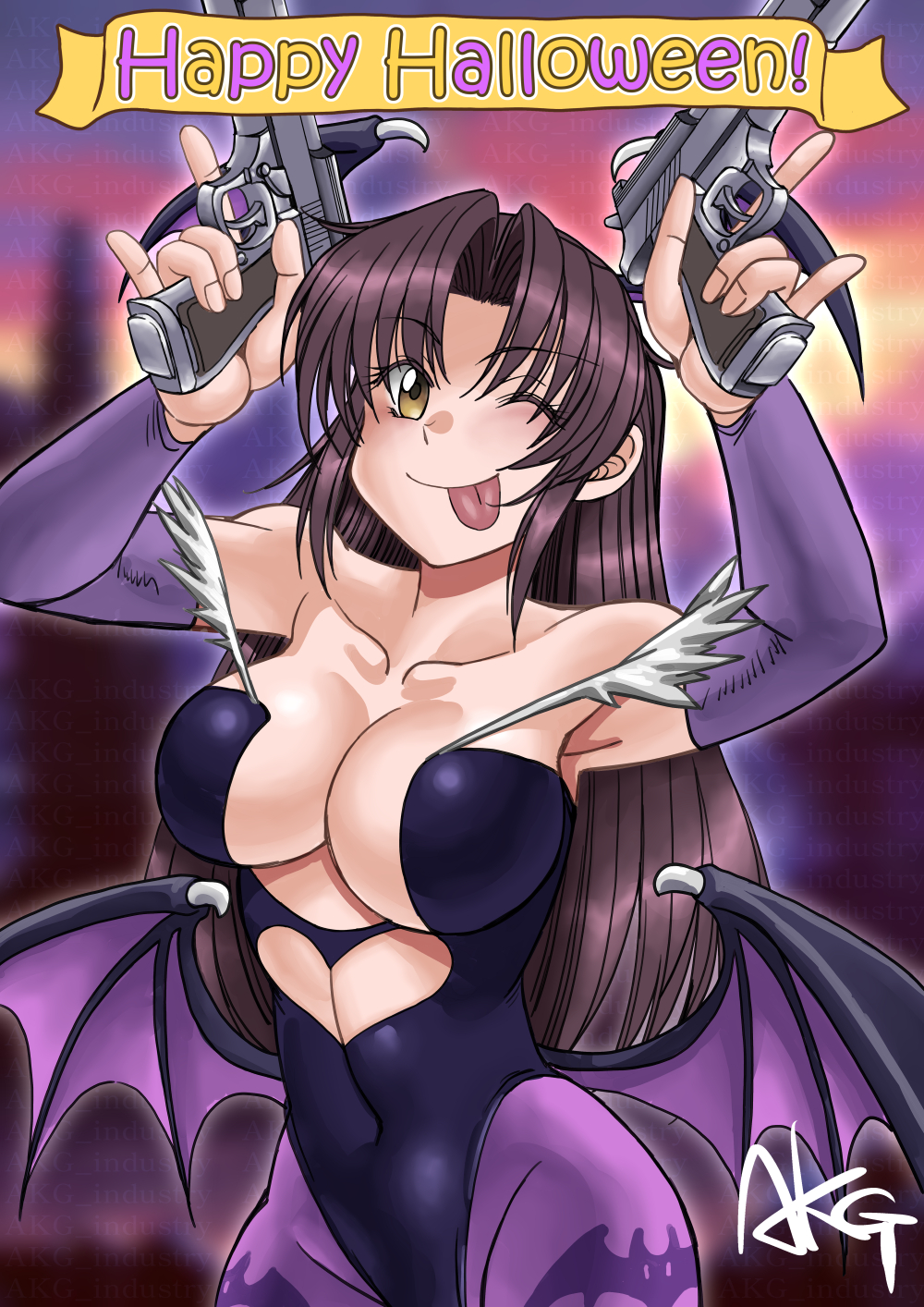 1girls 2024 akg_industry_(artist) big_breasts black_lagoon breasts breasts_bigger_than_head brown_hair cosplay darkstalkers female female_only gun halloween head_wings holding holding_object holding_weapon huge_breasts large_breasts long_hair morrigan_aensland_(cosplay) pistol revy wings