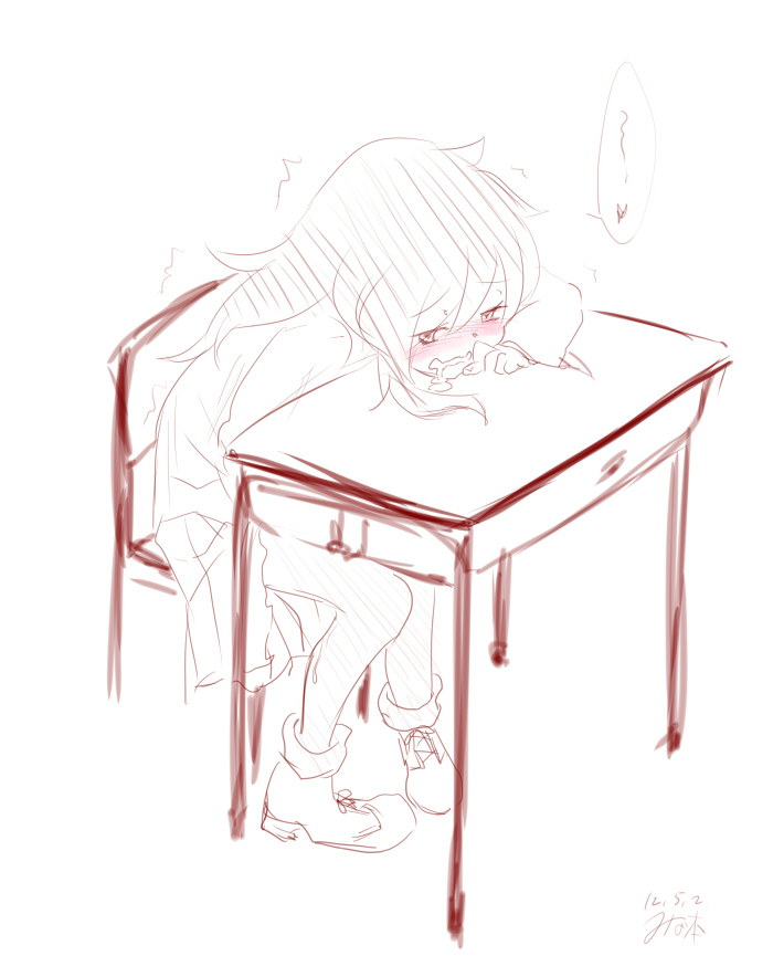 1girls, artist request, blush, clothed masturbation, clothing, desk, drooling, female, kuroki tomoko, long hair, masturbation, monochrome, school uniform, sitting, skirt, stealth masturbation, watashi ga motenai no wa dou kangaetemo omaera ga warui!