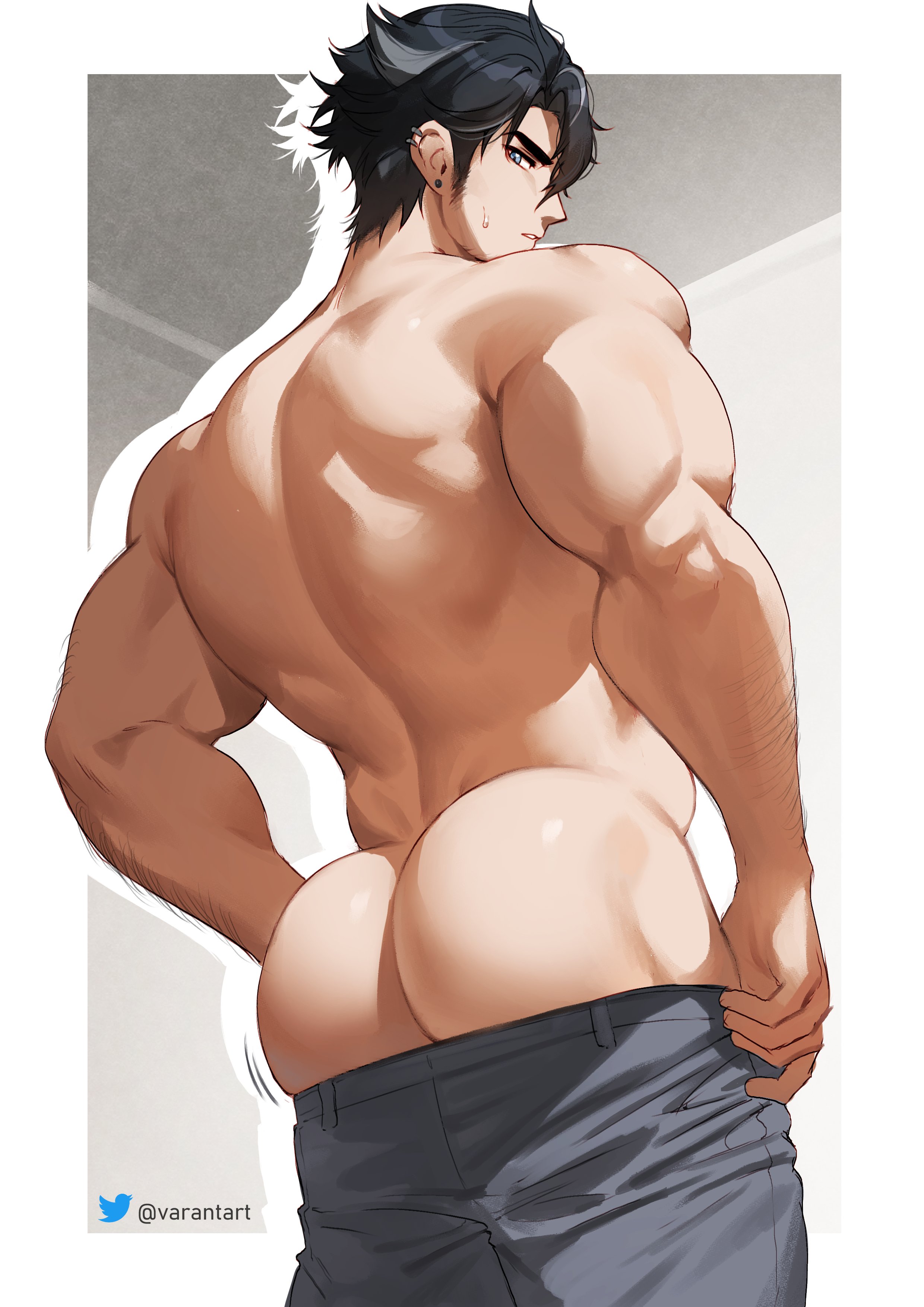 1boy, ass, ass cheeks, ass focus, bara, beefy, big ass, big ass (male), big butt, big butt (male), buff, gay, genshin impact, male, male ass, male only, muscular, pants down, shirtless, solo, solo male, tight clothing, varantart, wriothesley (genshin impact), yaoi