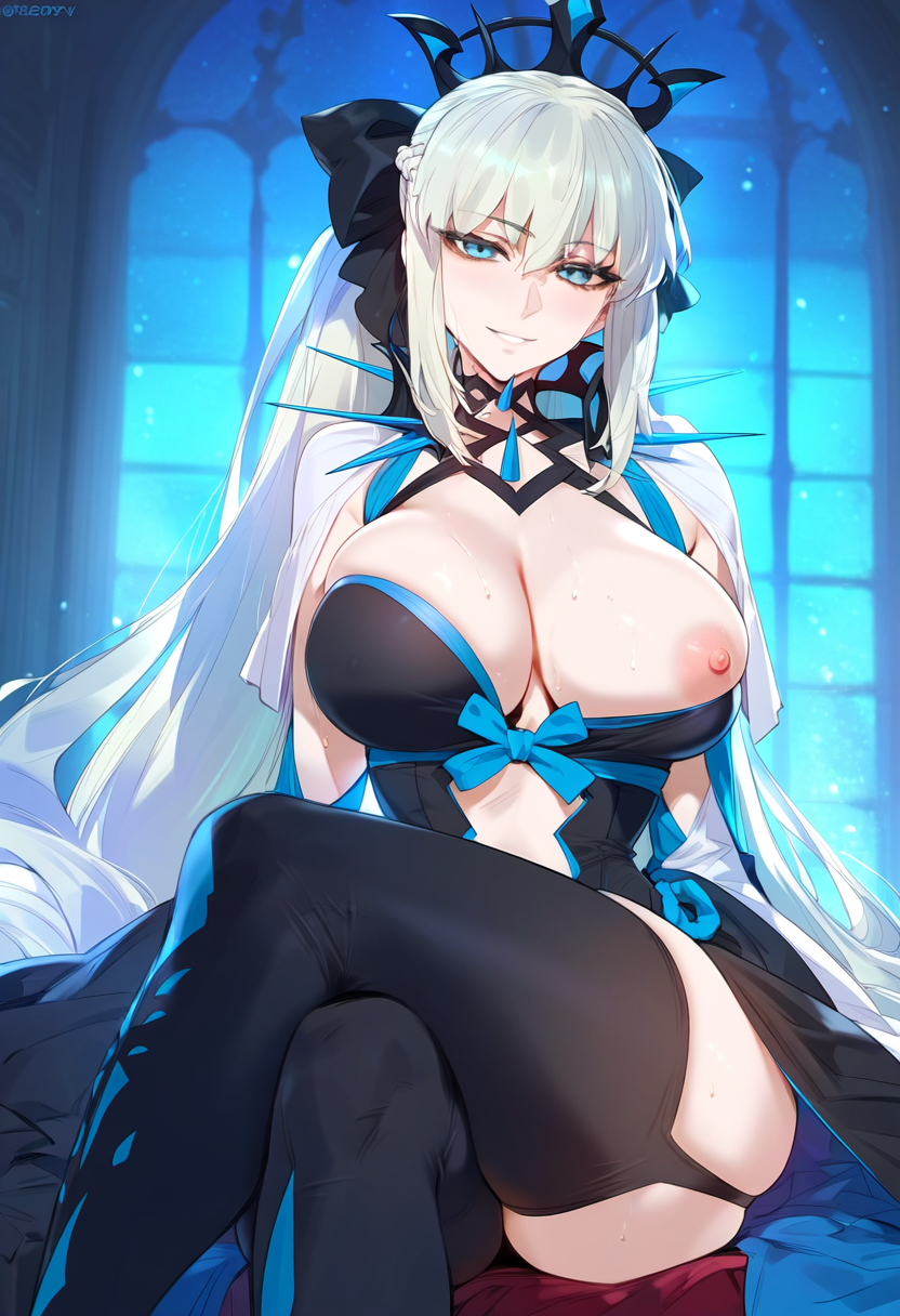 1girls ai_generated big_breasts blue_eyes breasts fate/grand_order fate_(series) female female_focus huge_breasts large_breasts long_hair looking_at_viewer mature_female morgan_le_fay_(fate) ponytail thick_thighs thighs white_hair