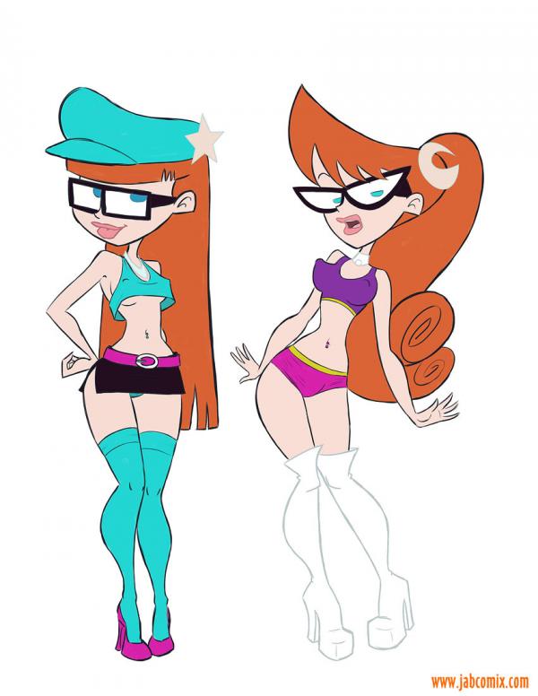 2girls, beige skin, blue eyes, boots, breasts, cartoon network, clothing, crescent moon, erect nipples, female, glasses, green eyes, hair ornament, high heel boots, high heels, human, johnny test (series), light skin, light-skinned female, long hair, mary test, microskirt, multiple females, navel, nipples, red hair, siblings, sisters, skirt, star, straight hair, susan test, test twins, thigh boots, thighhighs, twins, white boots