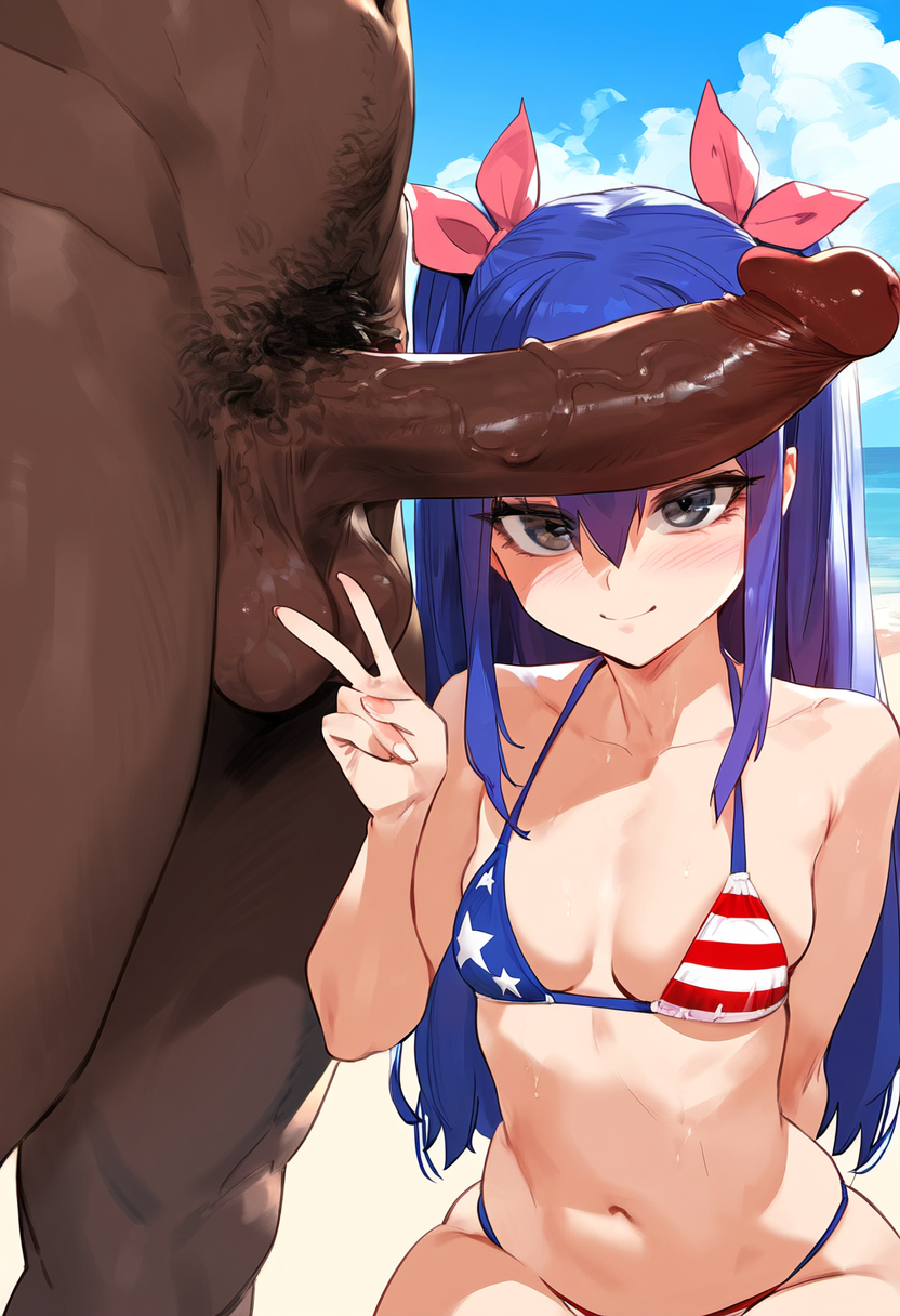 1boy 1girls ai_generated american_flag_bikini big_penis bikini blush breasts dark-skinned_male fairy_tail female hair_ribbon interracial light-skinned_female looking_at_viewer male peace penis penis_awe penis_in_front_of_face penis_on_face reinafan small_breasts tagme testicles wendy_marvell