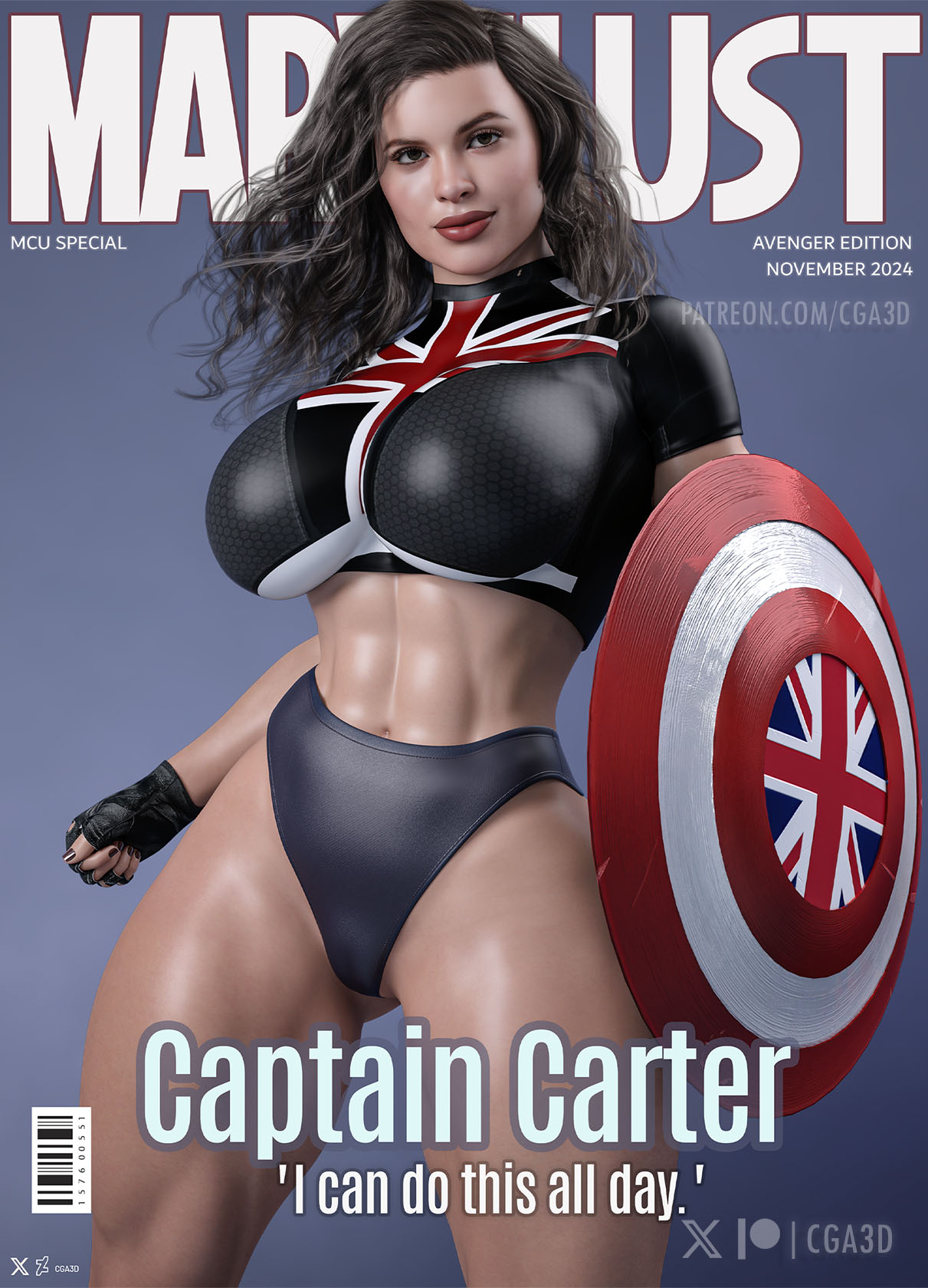 1girls 3d abs absurd_res ass big_ass big_breasts breasts brown_eyes brown_hair captain_america_(series) captain_carter cga3d curvaceous curvy curvy_body curvy_female curvy_figure erotichris female female_only fit fit_female hi_res huge_breasts light-skinned_female light_skin lipstick magazine magazine_cover marvel marvel_cinematic_universe marvel_comics midriff muscular muscular_female muscular_thighs peggy_carter shield solo thick_thighs thong union_jack voluptuous voluptuous_female what_if...? wide_hips