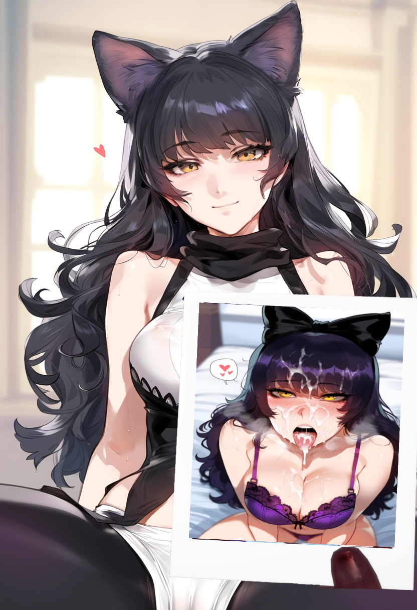 1girls ai_generated big_breasts black_hair blake_belladonna breasts cum cum_in_mouth cum_on_face female female_focus female_only huge_breasts large_breasts looking_at_viewer looking_pleasured open_mouth photo smiling smiling_at_viewer yellow_eyes