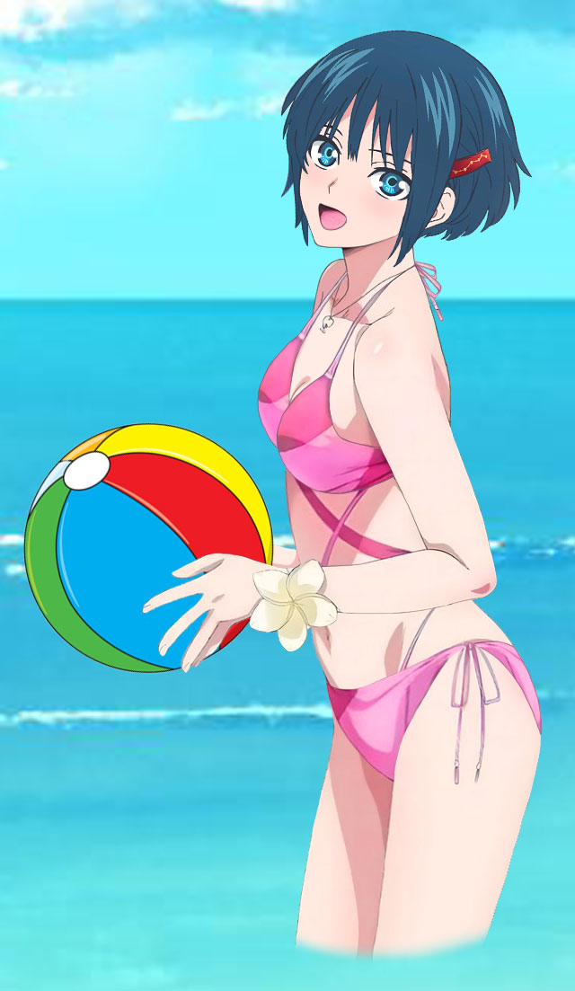 1girls bare_legs bare_shoulders beach beach_ball blue_eyes blue_hair botan_nagatsuki cleavage medium_breasts pink_bikini short_hair standing string_bikini