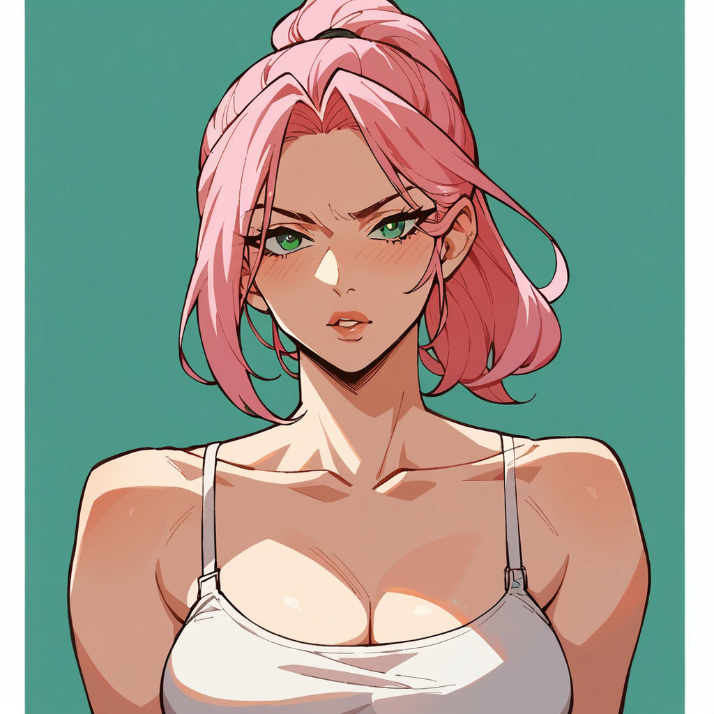 ai_generated aqua_background bangs bare_shoulders blush breasts cleavage collarbone female gradient gradient_background green_background green_eyes large_breasts looking_at_viewer medium_breasts parted_lips pink_hair ponytail solo tank_top upper_body white_tank_top