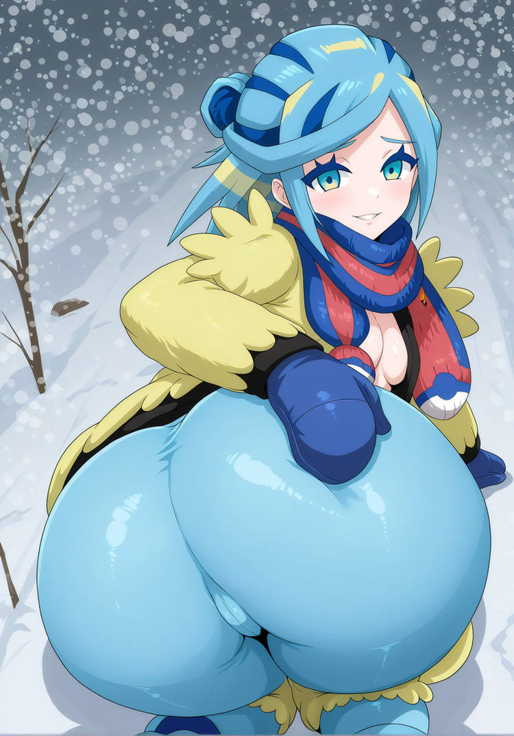 ai_generated ass_focus bent_over big_ass blue_hair blush busty cleavage creatures_(company) curvy cyan_eyes cyan_hair female female female_only from_behind game_freak genderswap_(mtf) gradient_eyes grusha_(pokemon) hand_on_ass hi_res highres kneeling leggings looking_back multicolored_hair nintendo outdoors petite pokemon pokemon_(game) pokemon_sv pokemon_trainer rule_63 scarf seraphim_ai small_breasts smile snow snowing solo stable_diffusion tights trees winter yellow_jacket