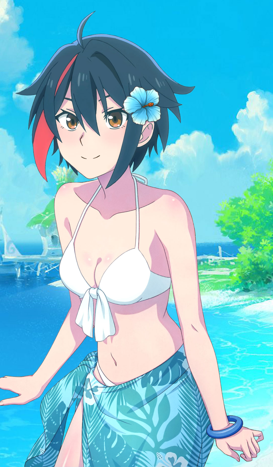 beach bikini black_hair string_bikini white_bikini