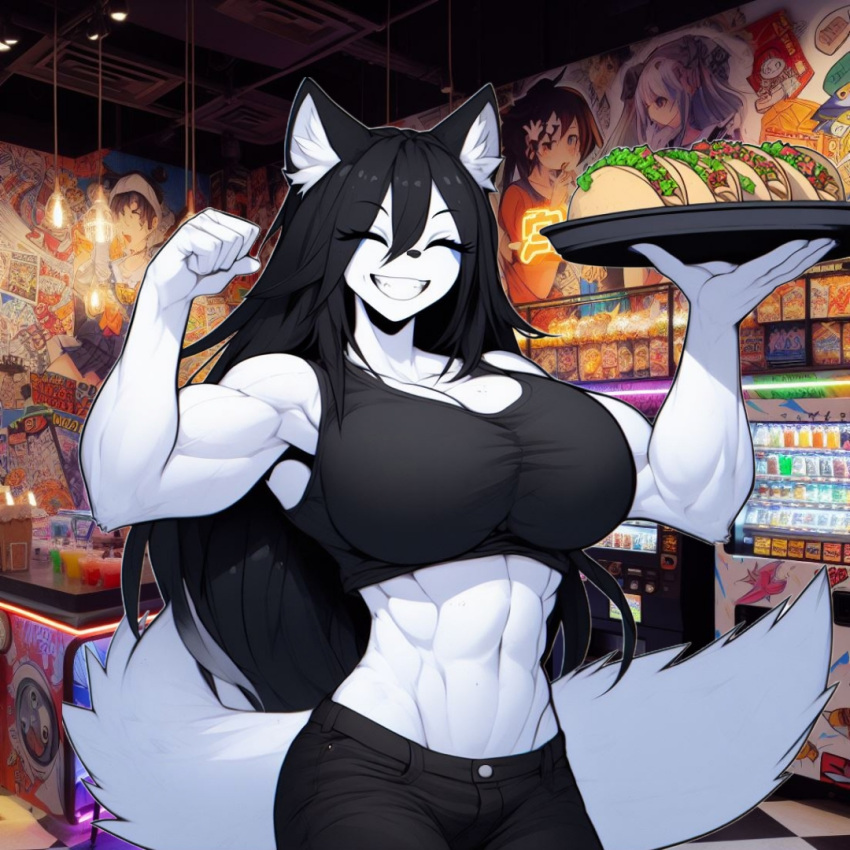 abs ai_generated anthro black_hair breasts canine canis flexing fluffy fluffy_tail food huge_breasts inner_ear_fluff long_hair luni_the_wolf mammal mexican_food muscular_female navel restaurant taco tail white_body white_fur wolf