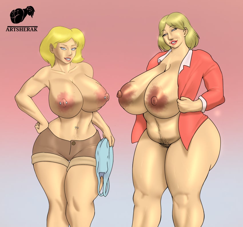 2girls big_areola big_ass big_breasts big_nipples blonde_hair blue_eyes hairy_pussy herak huge_ass huge_breasts looking_at_viewer lori_loud milf mother mother_and_daughter multiple_girls nipple_piercing pink_nipples red_lipstick rita_loud the_loud_house thick_thighs wide_hips