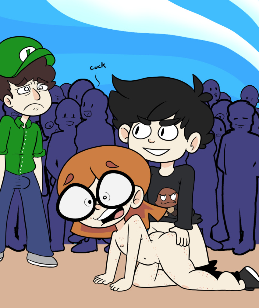 1girls 2023 2boys age_difference all_fours black_hair bluejr clothing completely_nude crowd cuckold father female flat_chest freckles freckles_on_ass freckles_on_face ginger_hair glasses goomba human illymation kermit_(illymation) luigi luigi_(cosplay) male mario_(series) nipples ntr nude nude_female pale_skin public youtube youtuber