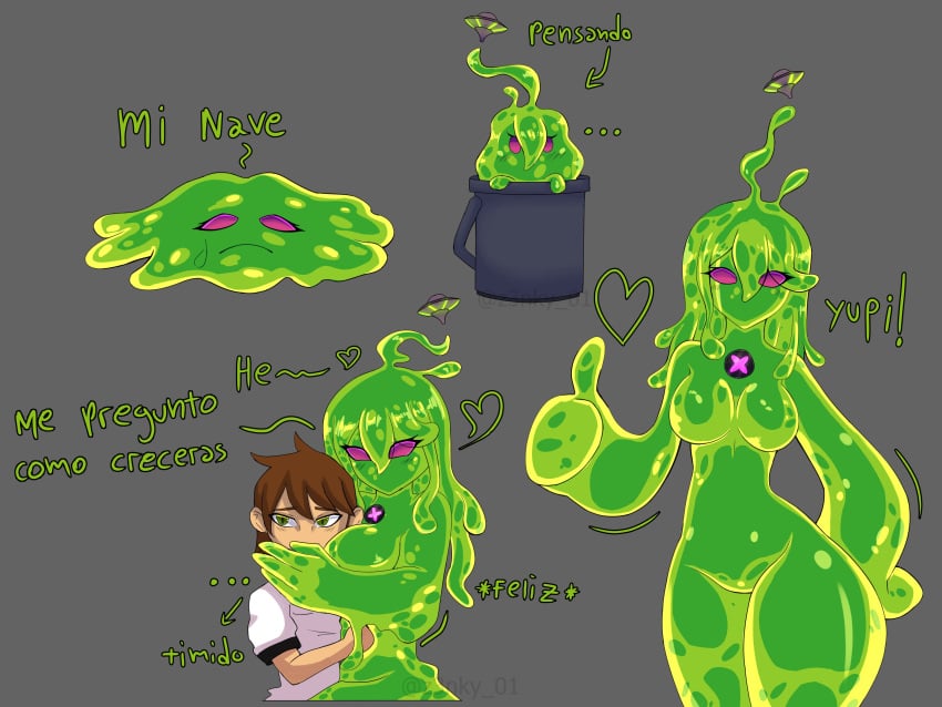 1girls alien ben_10 ben_tennyson between_breasts big_breasts chaquetrix eyelashes goop_(ben_10) green_skin hug large_breasts polymorph_(ben_10) slime slime_girl spanish_text thumbs_up zenky