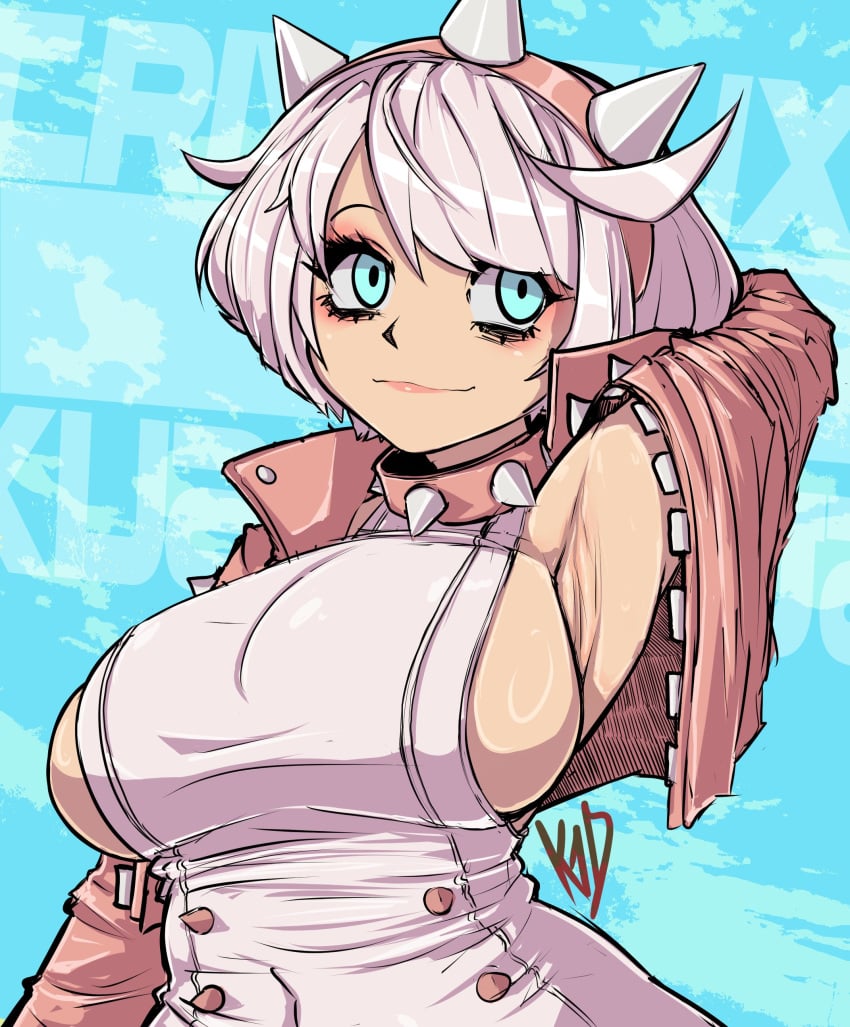 1girls armpits arms_up blue_eyes breasts collar elphelt_valentine eyebags female female_focus female_only guilty_gear guilty_gear_strive hair_ornament jacket leotard pale_skin sideboob smile smooth_skin solo spiked_collar th3k1d tight_clothing white_hair