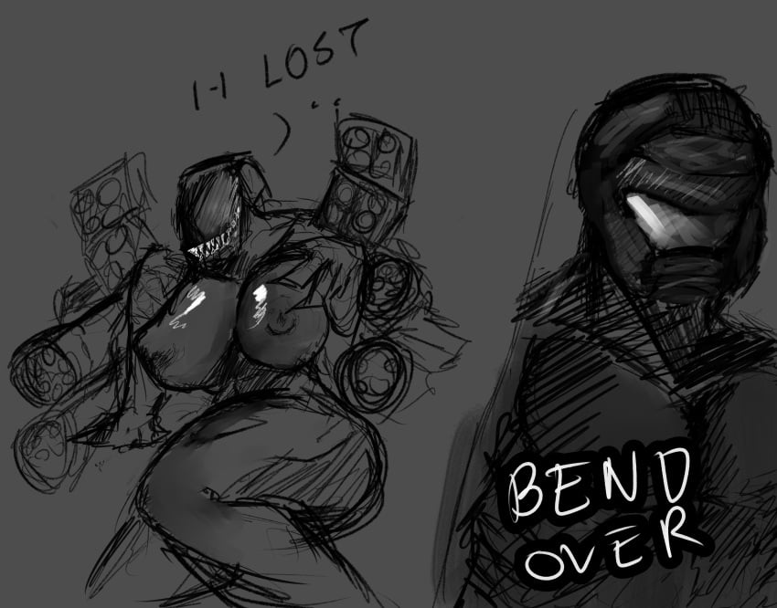 1boy 1girls 2d 2d_(artwork) 2d_artwork dialog dialogue eradicator_(tdx) gun helmet imminent_sex juggernaut_(tdx) large_breasts law_of_tds maledom minigun missile_launcher panels roblox roblox_game robloxian rule_63 sharp_teeth sketch text thick_thighs tower_defense_x weapon weapons