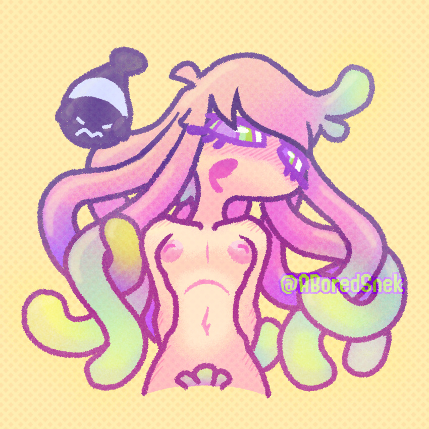 aboredsnek breasts drooling female harmony_(splatoon) inverted_nipples looking_at_viewer multicolored_eyes multicolored_hair naked nintendo nipples pink_hair pubic_hair splatoon splatoon_(series) splatoon_3