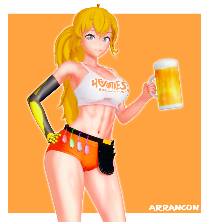 1girls arrancon beer_glass blonde_female blonde_hair condom condom_filling hooters hooters_uniform long_hair long_hair_female ponytail purple_eyes robotic_arm rwby yang_xiao_long