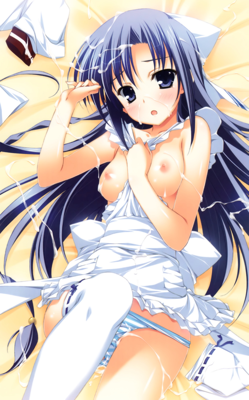 apron blue_eyes blue_hair blush breasts cum cum_on_body cum_on_breasts cum_on_clothes cum_on_hair cum_on_upper_body daiuchuu_no_hokori female female_only highres long_hair maria_do_arcadia naked_apron naked_thighhighs nipples nude panties ribbon shimapan solo striped striped_panties thighhighs underwear very_long_hair yuuki_hagure