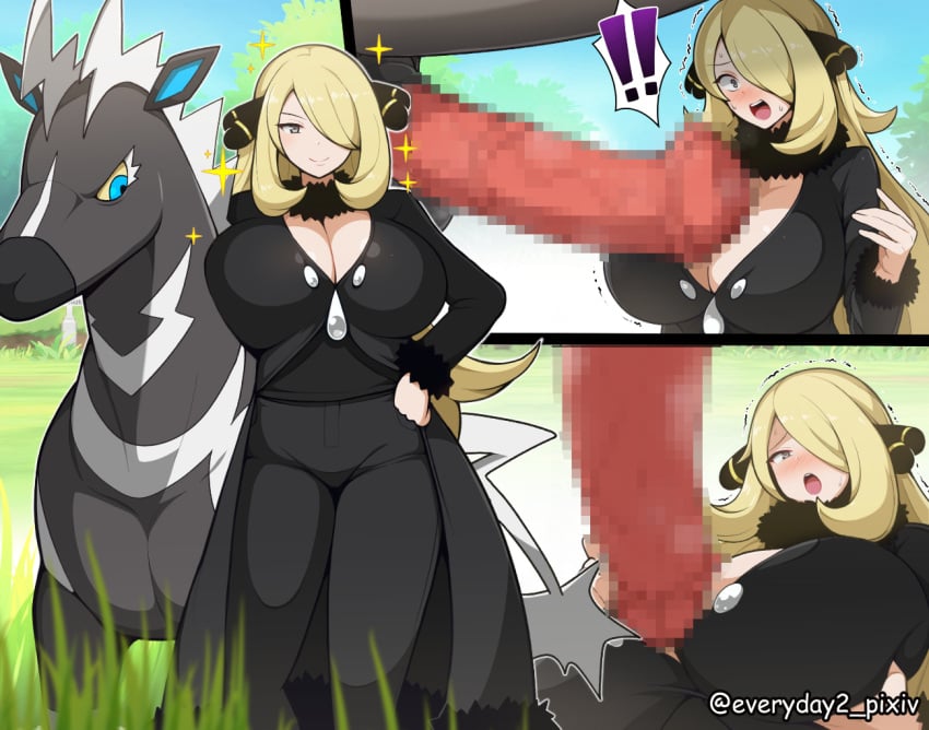 animal_genitalia animal_penis big_breasts big_penis blonde blonde_female blonde_hair blonde_hair_female blue_eyes blush bodily_fluids breasts censored cynthia_(pokemon) duo equine_genitalia equine_penis everyday2 female feral generation_5_pokemon genitals hair has_uncensored_version horsecock huge_breasts human human_on_feral interspecies light-skinned_female light_skin male male/female mammal mosaic_censoring nintendo open_mouth paizuri penis penis_awe pokemon pokemon_(species) pokemon_champion pokephilia sweat sweatdrop zebstrika zoophilia