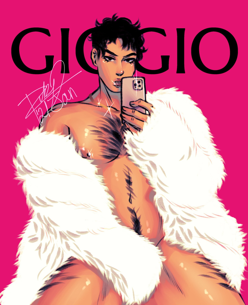 1boy black_hair censored chest_hair convenient_censoring guido_mista jojo's_bizarre_adventure male male_only selfie solo vento_aureo