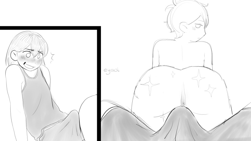 2boys blush blush_lines blushing boner erection erection_under_clothes gay kel_(omori) male male/male male_only monochrome omori sketch sunny_(omori) suntan_(omori) white_background yaoi