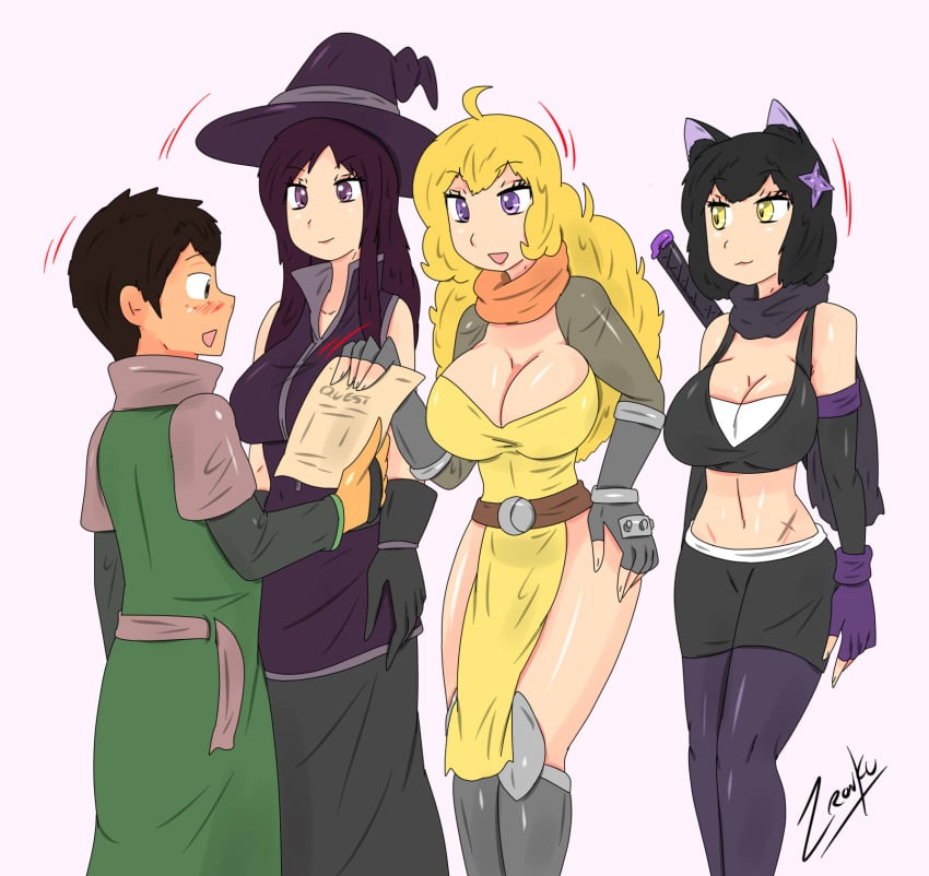 black_hair black_hair_female blake_belladonna blonde_female blonde_hair cat_ears cleavage crossover enen_no_shouboutai fire_force long_hair long_hair_female oscar_pine oze_maki purple_eyes rwby witch_hat yang_xiao_long yellow_eyes zronku